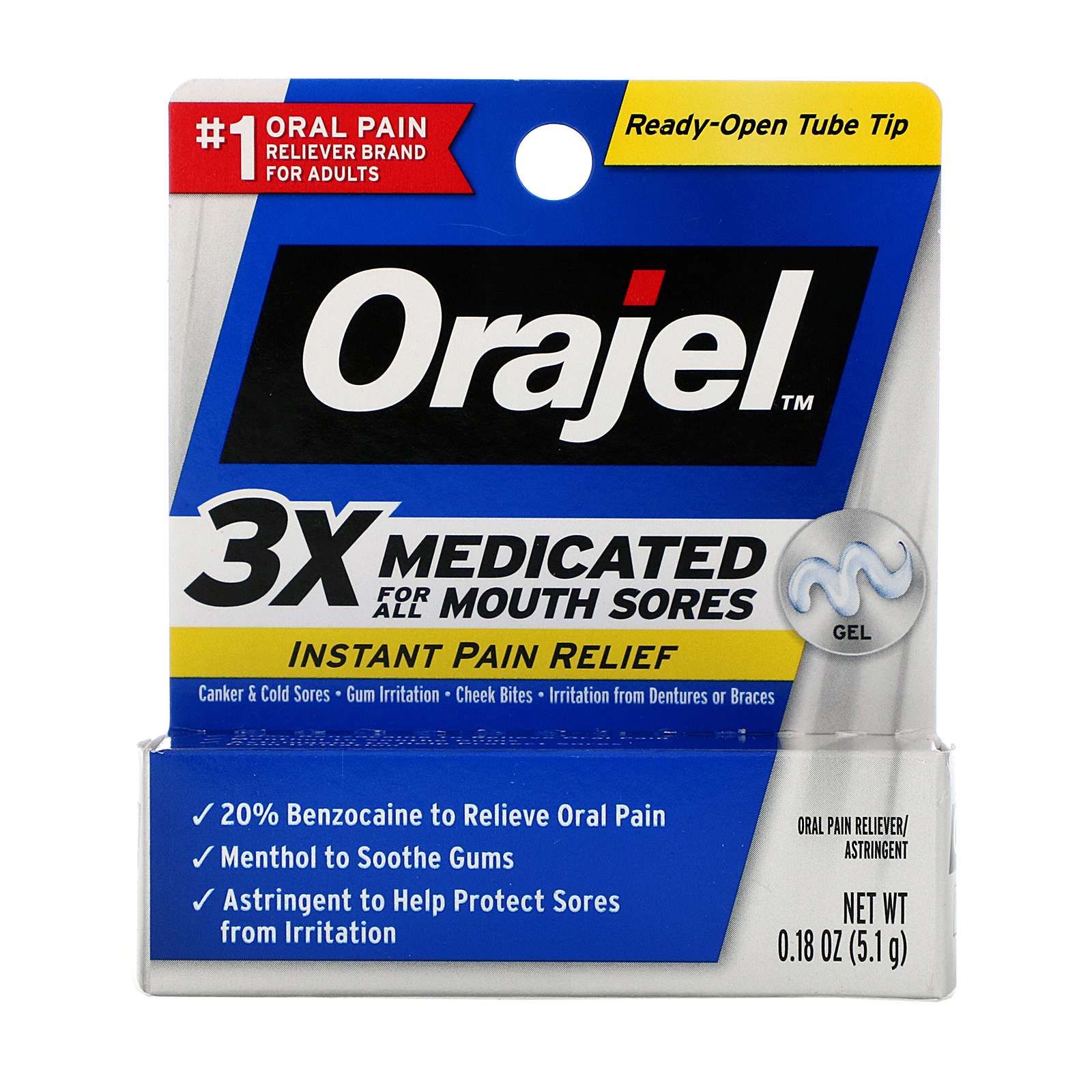 Orajel, Instant Pain Relief Gel, 3X Medicated For All Mouth Sores, 0.18