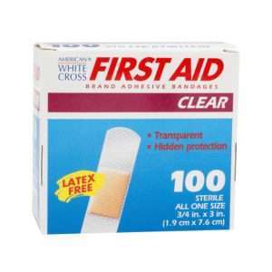 American White Cross First Aid Adhesive Bandages, Plastic, 3/4 X 3 Inches, Rectangle, Clear, Sterile, One Box Of 100 Bandages